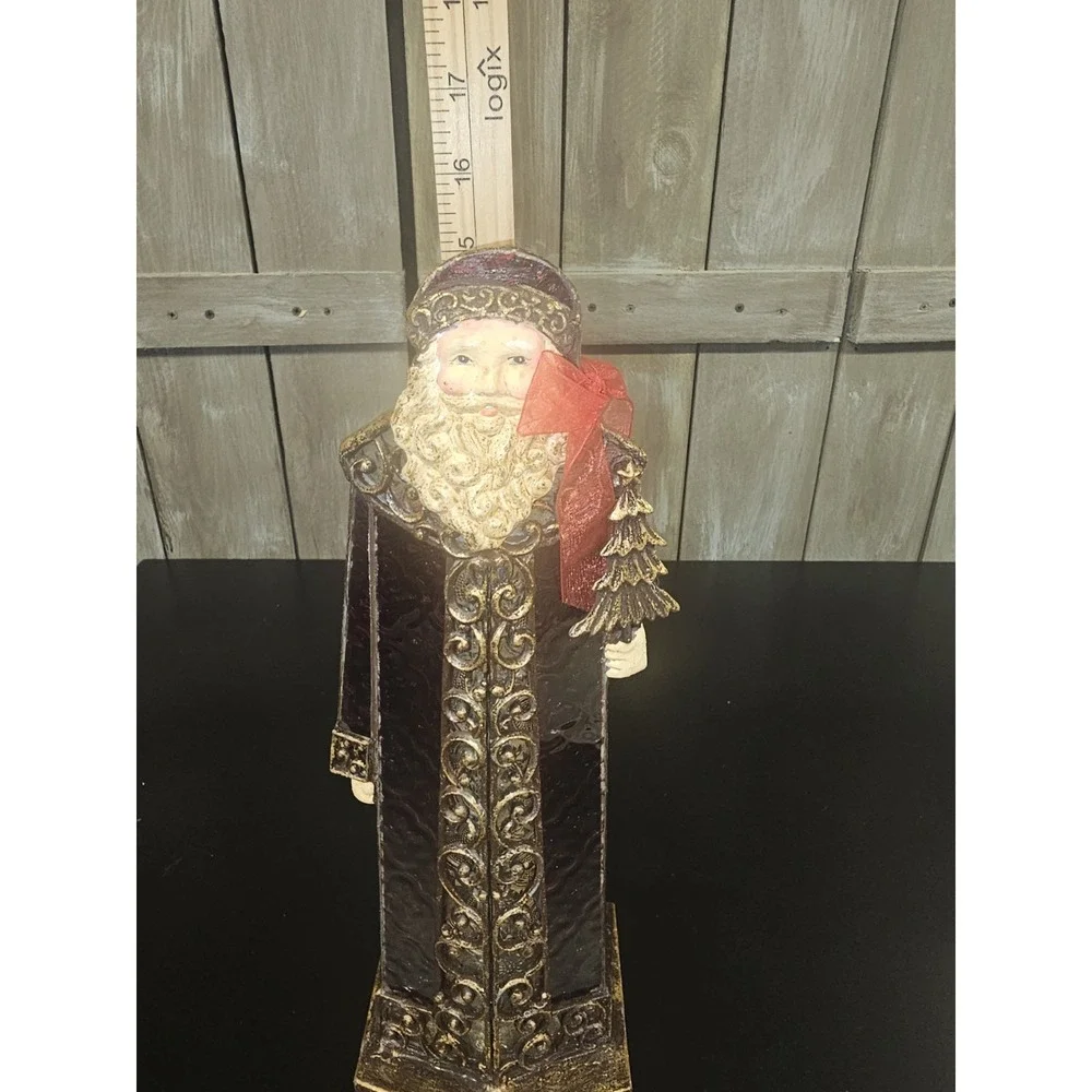 Vintage Old World Santa Stained Glass Candle Holder 15.5